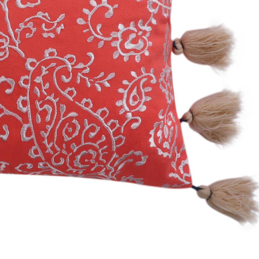 Small Coral Embroidered Paisley Accent Pillow with Tassels
