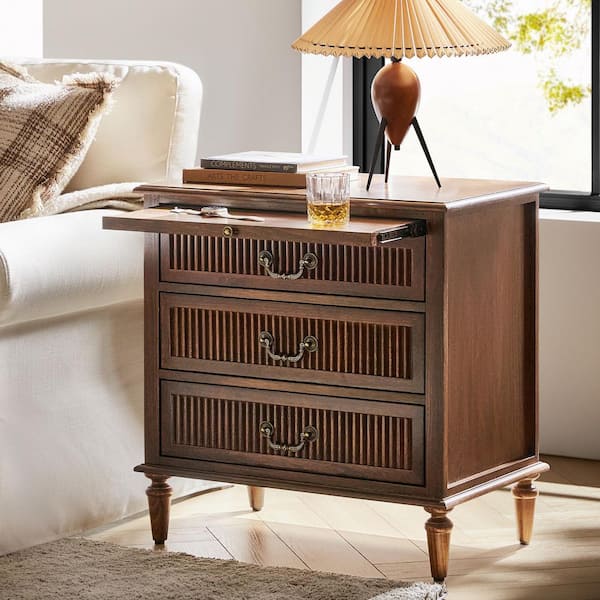 Weer Walnut Farmhouse Solid Wood 3-Drawer 26 in. W Nightstand