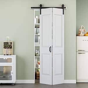 36 in. x 84 in. Easy Install 4-Panel White Primed MDF Composite Bi-Fold Sliding Barn Door with Hardware Kit and Handle