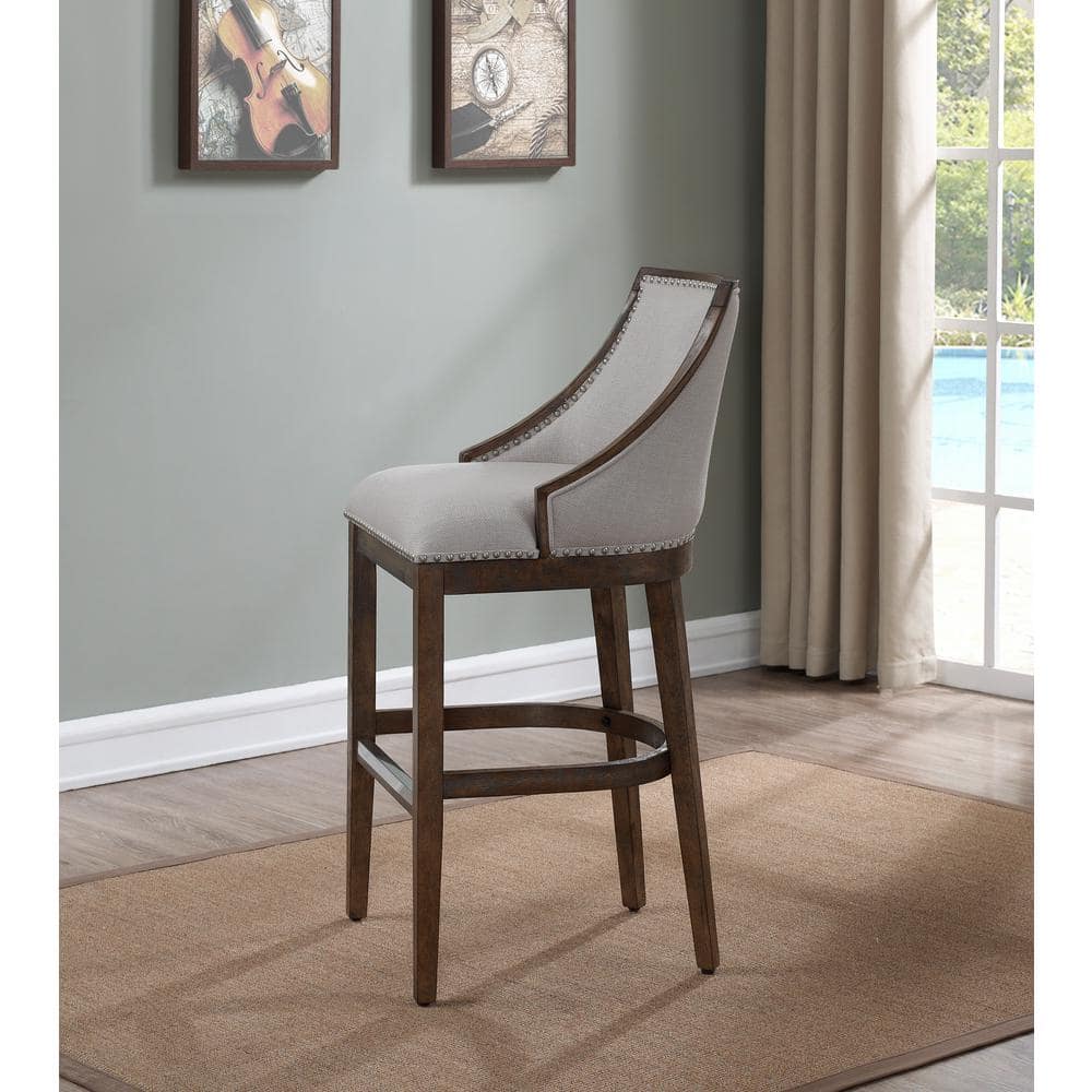 Elegant Transitional Driftwood Brown Bar Stool with Beige Fabric