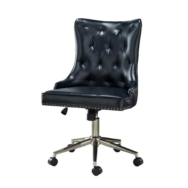 JAYDEN CREATION Herse Navy Tufted Nailhead Trim Faux Leather 18.5 in.-21.5 in. Adjustable Height Task Chair with with Metal Base