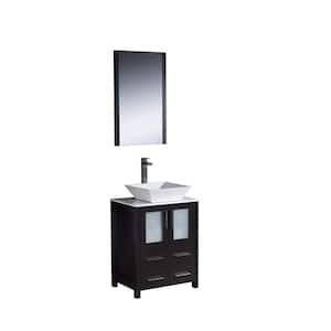 Torino 24 in. Vanity in Espresso with Glass Stone Vanity Top in White with White Basin and Mirror