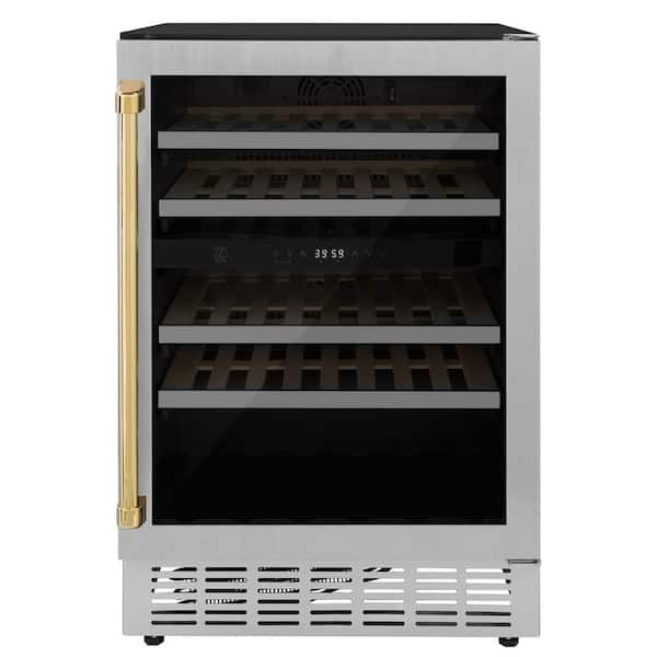 ZLINE Kitchen and Bath Monument Autograph Edition 24 in. Dual Zone 44-Bottle Wine Cooler with Polished Gold Handle in Stainless Steel