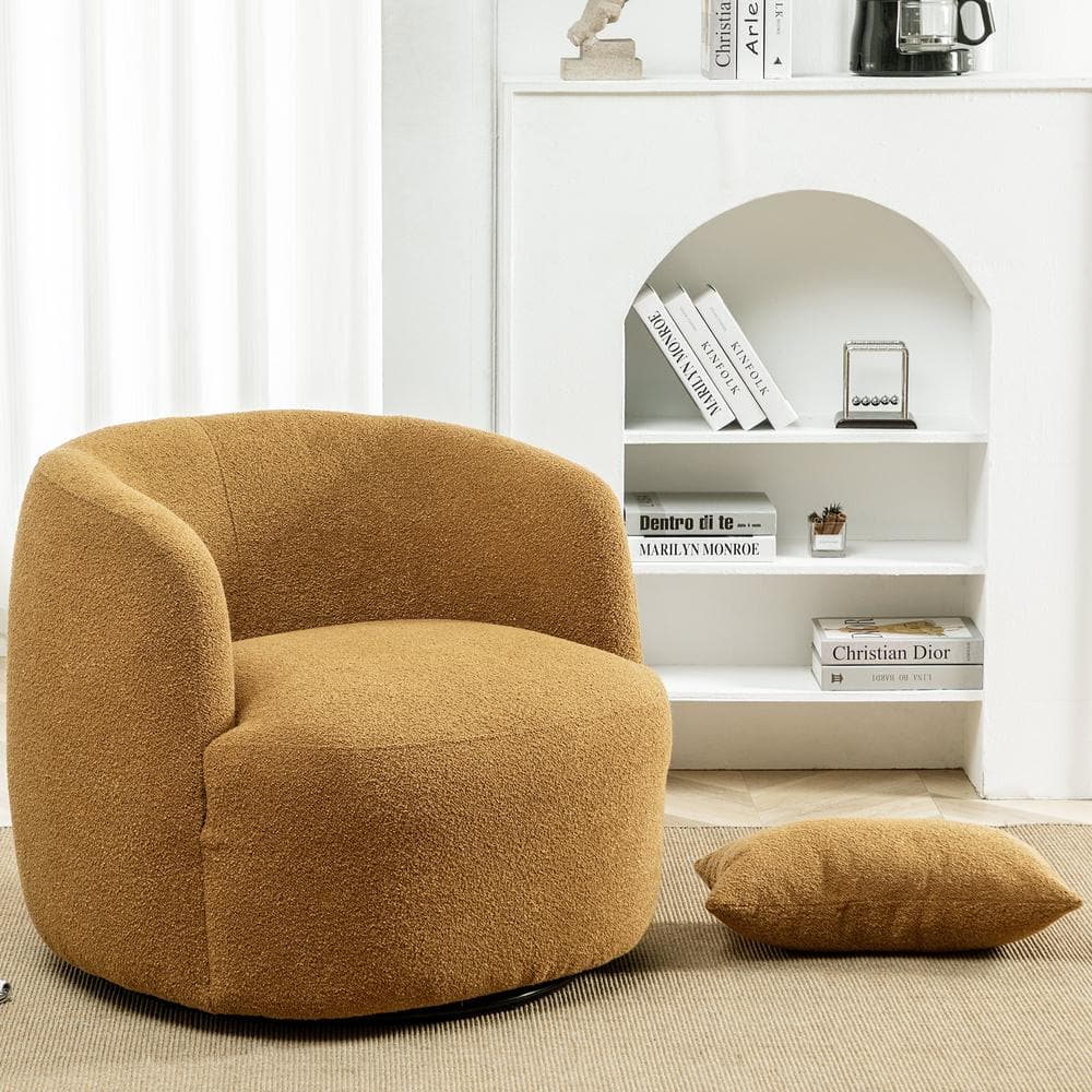Brown Boucle Swivel Barrel Accent Chair with Pillow