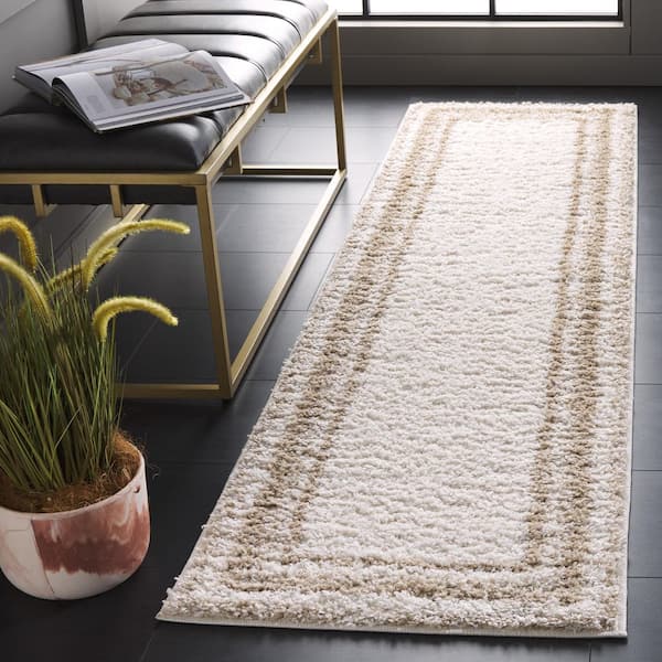 Border and Stripe Shag 2 ft. x 8 ft. Ivory/Beige Concentric Border Runner Rug