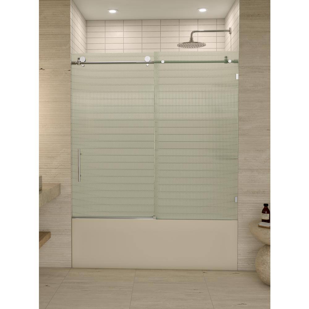 Galaxy 60" Frameless Fluted Glass Sliding Bathtub Door in Chrome