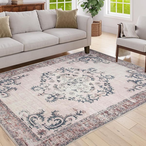 5 ft. x 7 ft. Antique Brass White Floral Washable Area Rug for Bedroom, Dining Room, Living Room