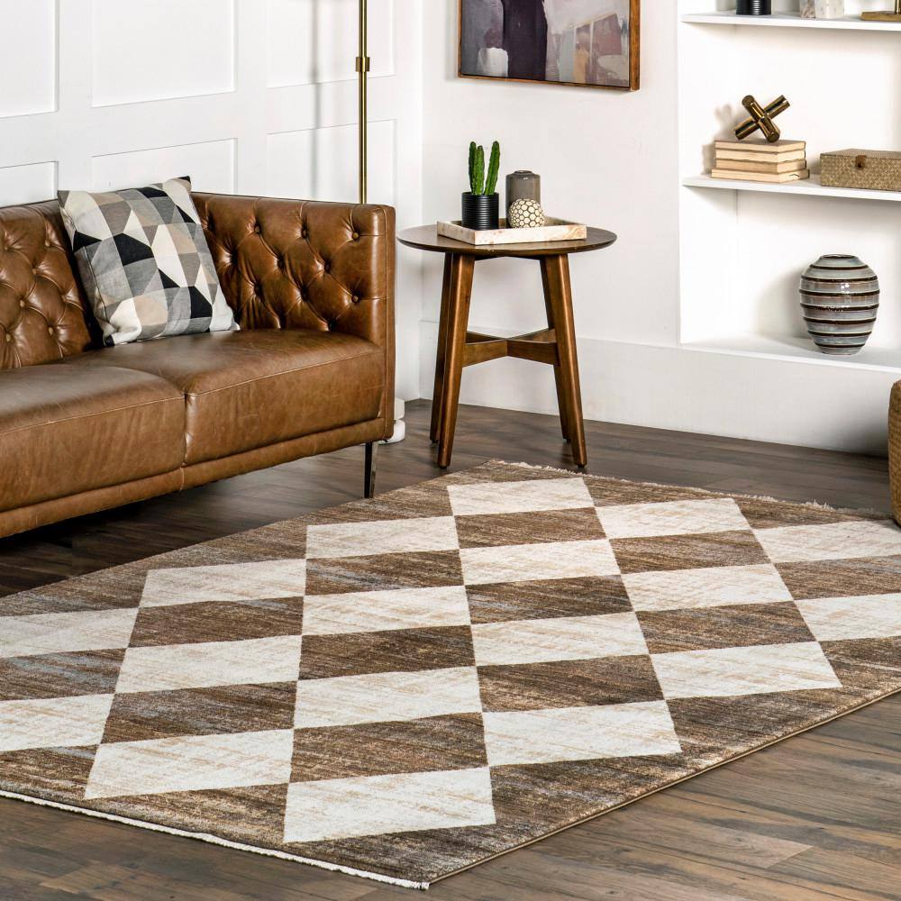 Meline Beige and Brown Checkered Rectangular Area Rug