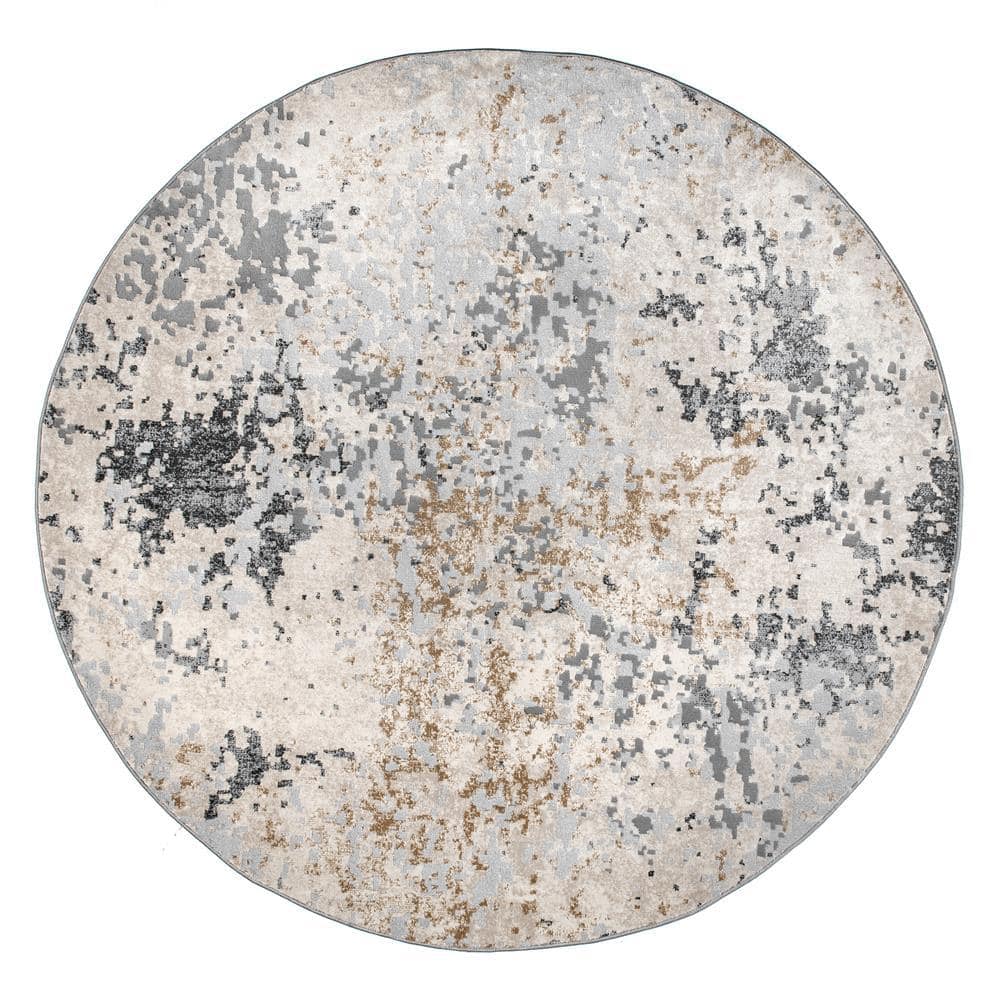Chastin Beige and Gray Abstract Round Synthetic Rug
