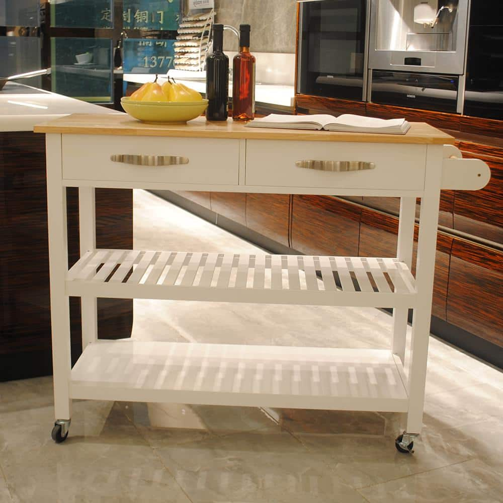 White Kitchen Island Cart With Rubber Wood Top And Lockable Wheels SF   White Kitchen Islands Sf 420199w 64 1000 