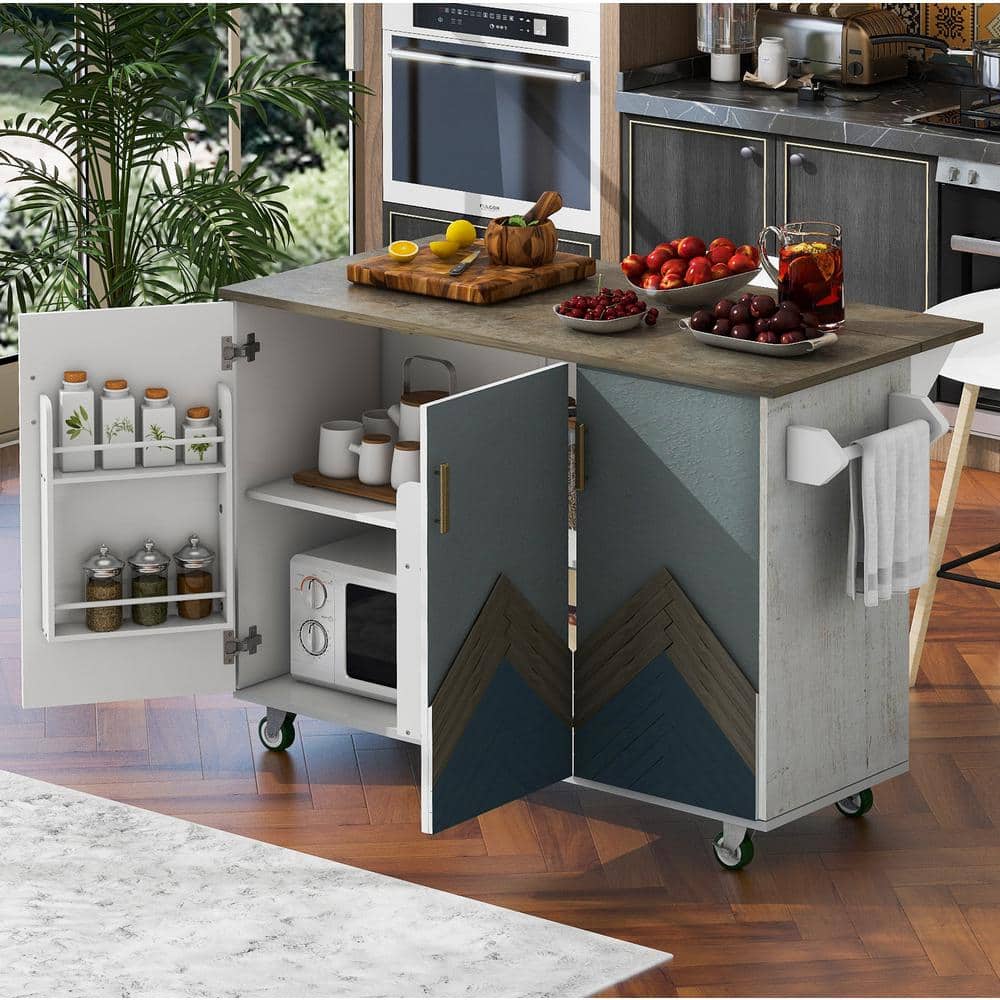White Retro Wood Top 47 in. Kitchen Island with Drop Leaf and Cabinet Door 