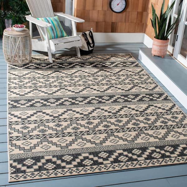Veranda Beige/Gray 5 ft. x 8 ft. Border Indoor/Outdoor Patio  Area Rug