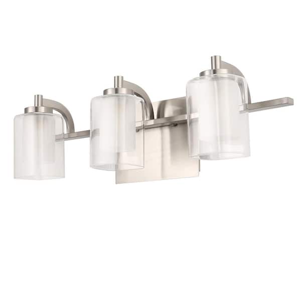 21 in. 3-Light Brushed Nickel Vanity Light with Clear Cylinder Glass Shades Bathroom Wall Sconce for Vanity or Mirror