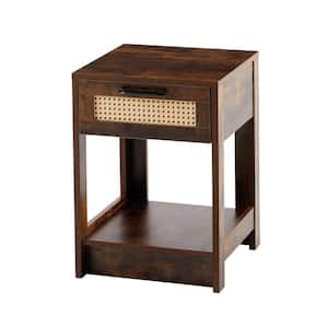 Anky 15.75 in. Rustic Brown Rectangle MDF Rattan End Table 1-Drawer Modern Nightstand Side Table for Living Room