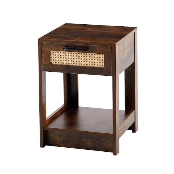 Miscool Anky 15.75 in. Rustic Brown Rectangle MDF Rattan End Table 1-Drawer Modern Nightstand Side Table for Living Room