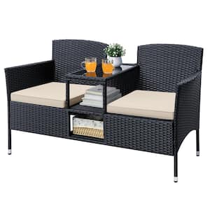 Black Wicker Outdoor Patio Loveseat with Cosmic Latte Cushions and Center Storage Table
