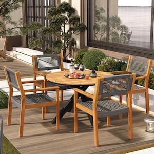 Theron 5-Piece Outdoor Patio Dining Set, Rope Weave Chairs, Metal Frame Table, Acacia Wood, Dark Grey + Teak + Black