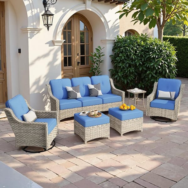 Palffy Gray 6-Piece Wicker Outdoor Patio Conversation Set with Diamond Blue Cushions and Swivel Rocking Chairs