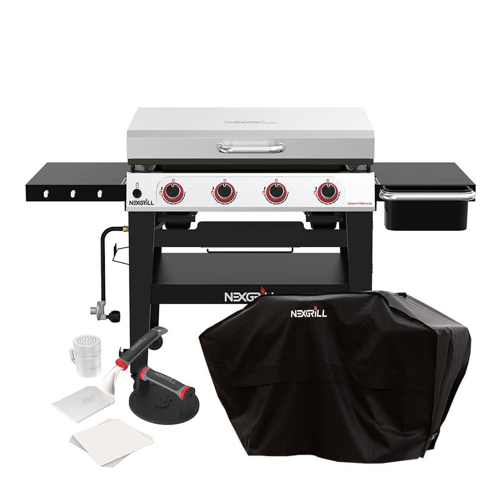 Daytona 4-Burner Propane Gas Grill 36 in. Flat Top Griddle in Black with Cover and Smash Burger Set Bundle