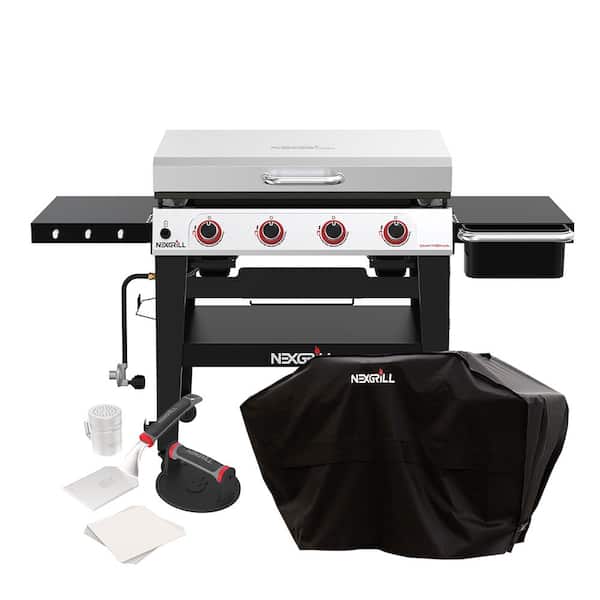Nexgrill Daytona 4-Burner Propane Gas Grill 36 in. Flat Top Griddle in Black with Cover and Smash Burger Set Bundle