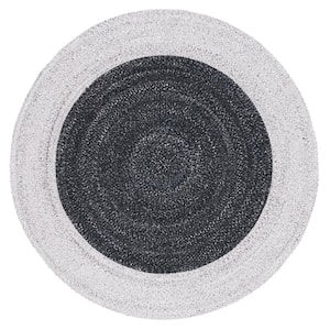Braided Black Light Gray 3 ft. x 3 ft. Abstract Border Round Area Rug
