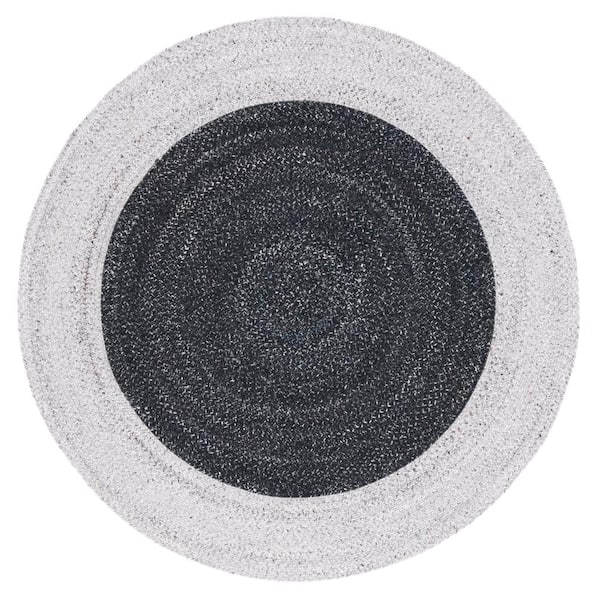SAFAVIEH Braided Black Light Gray 4 ft. x 4 ft. Abstract Border Round Area Rug