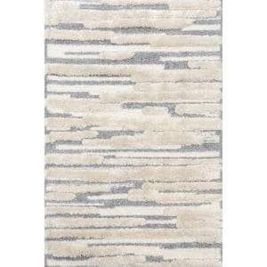 Caitya Beige 5 ft. x 8 ft. Contemporary Striped Shag Area Rug