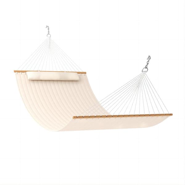 12 ft. Quilted 2-Person Fabric Swing Hammock Bed with Pillow Beige