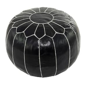 18 in. Black Leather Moroccan with White Stitching Floral Pouf