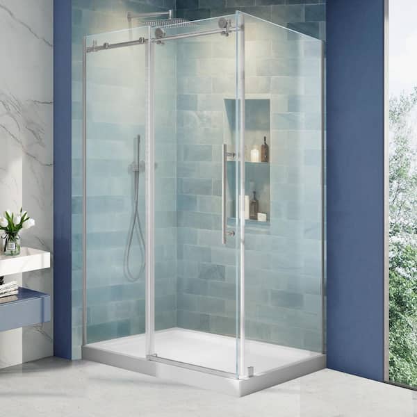 44-48 in. W x 32 in. D x 72 in. H Frameless Corner Sliding Shower Door Enclosure in Brushed Nickel 3/8 in. Clear Glass