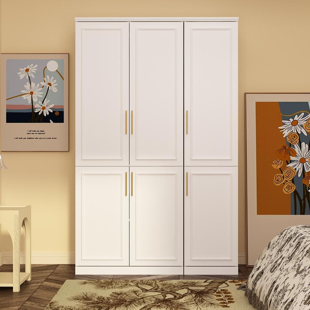 2-Combination White Wood 47.4 in. W 6-Door Big Armoires with 2 Hanging Rods, Storage Shelves 74.8 in. H x 19.3 in. D - thumbnail 4