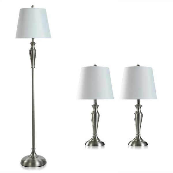 StyleCraft Brushed Steel Set 61 in. Brushed Steel Floor and Table Lamp with Linen Shade