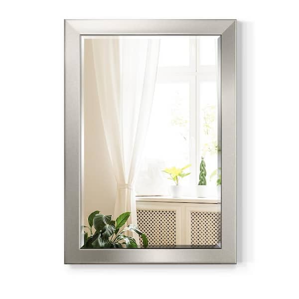 29 in. W x 41 in. H Framed Rectangle Beveled Edge Wood Full Length Mirror in Solid Silver