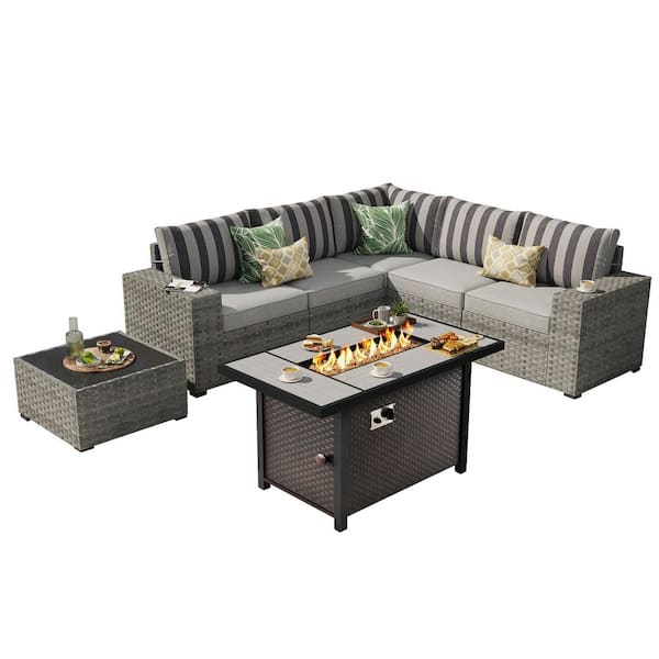 Baldwin Gray 7-Pieces Wicker Wide Arm Outdoor Patio Sofa Sectional Set with Metal Fire Pit and Gray Striped Cushions