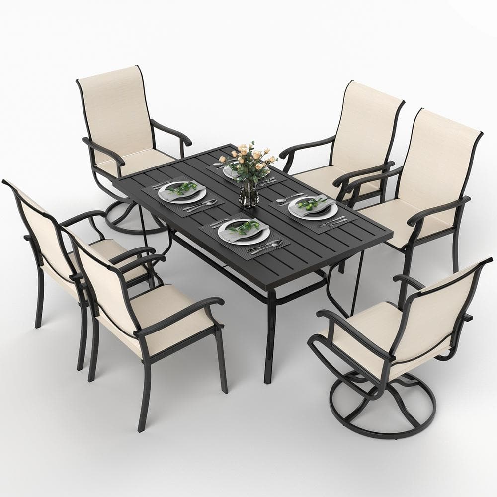 Beige 7-Piece Metal Outdoor Patio Dining Set with 6 Textilene Chairs and Rectangle Table -  PamaPic, TS-CZ-7JT-B-WH3