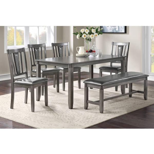 SIMPLE RELAX Jaworski 6-Piece, Rectangular, Grey, Wood Top, Faux Leather Seats with Nail Head Trim, Dining Room Set (Seats 6)