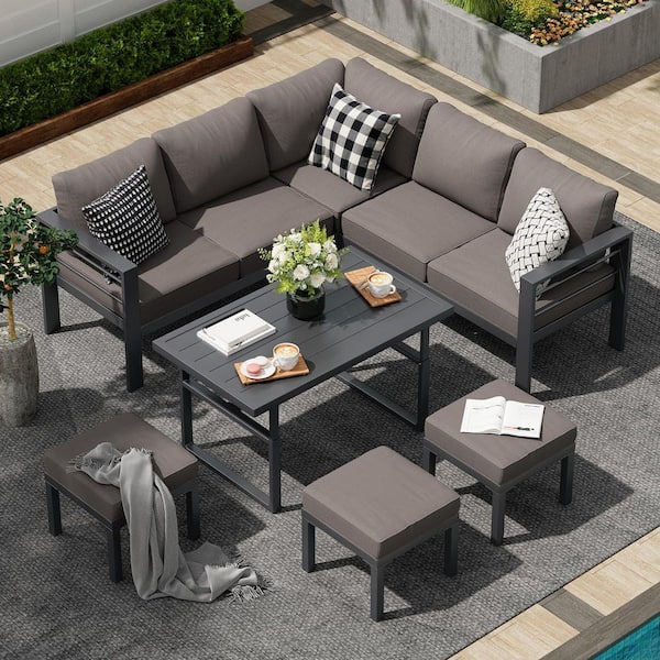 7 Pieces Aluminum Patio Furniture Set, Modern Metal Outdoor Patio Conversation Sets with Coffee Table in Dark Grey