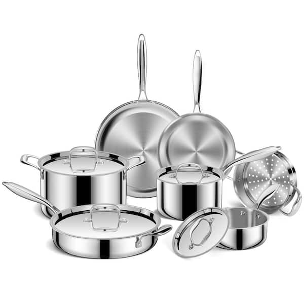 11PCS 7 Quart Stainless Steel Mirror Finish 3 Ply Induction Compatible Stock Pot with Lid and Cool Handles, 1 Piece