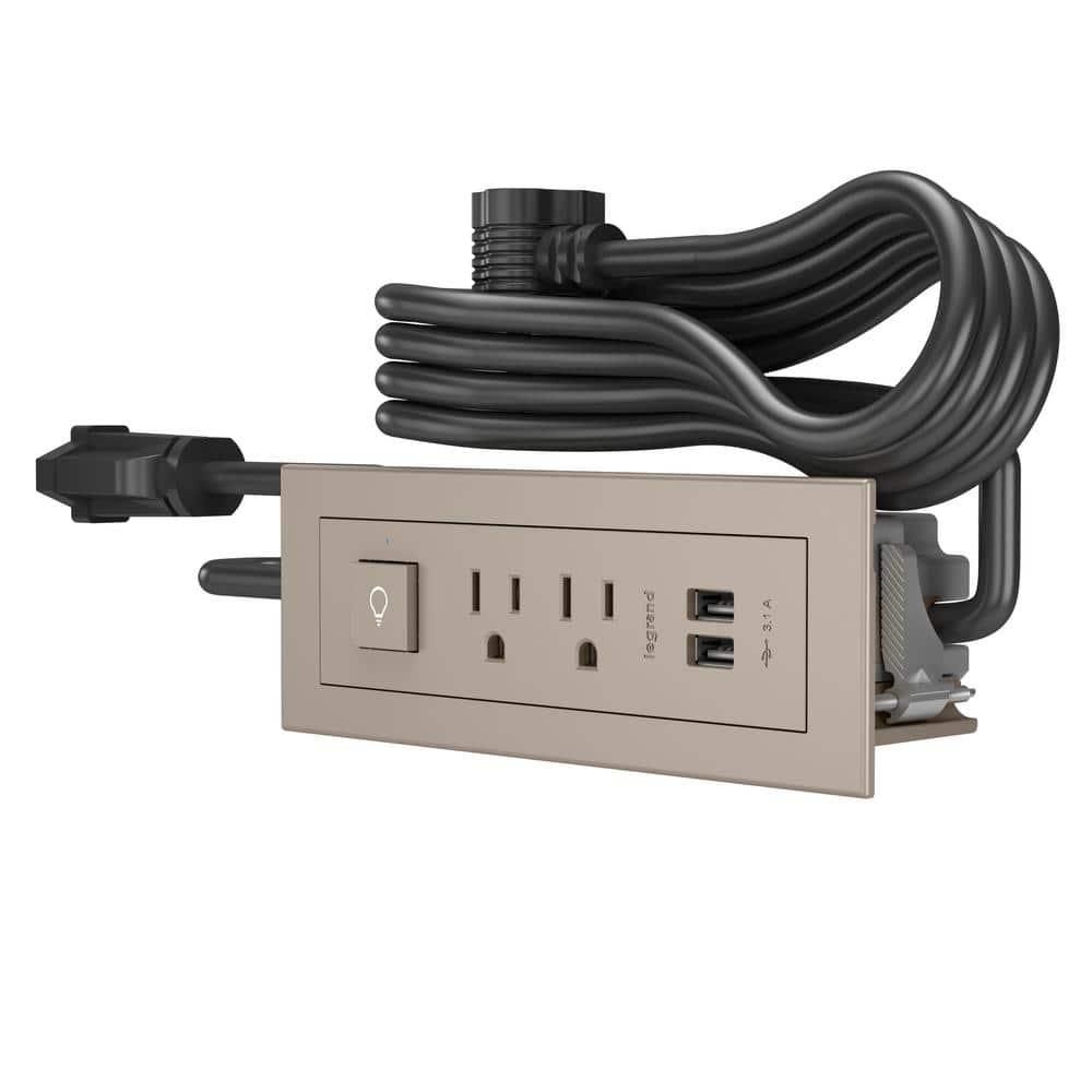 Legrand 10 ft. Cord 15 Amp 2-Outlet, Switch and 2 Type A USB radiant Recessed Furniture Power Strip in Nickel