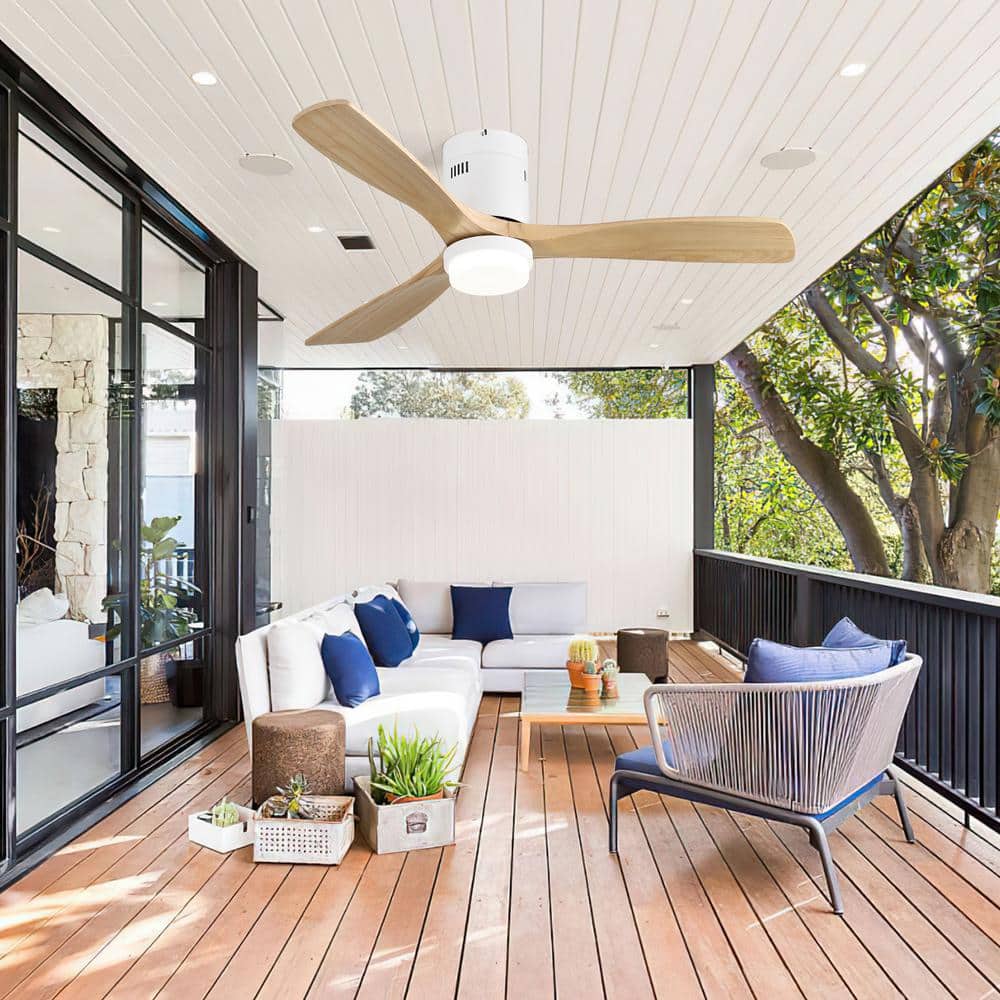 52'' White Modern Ceiling Fan with Light and Wood Blades