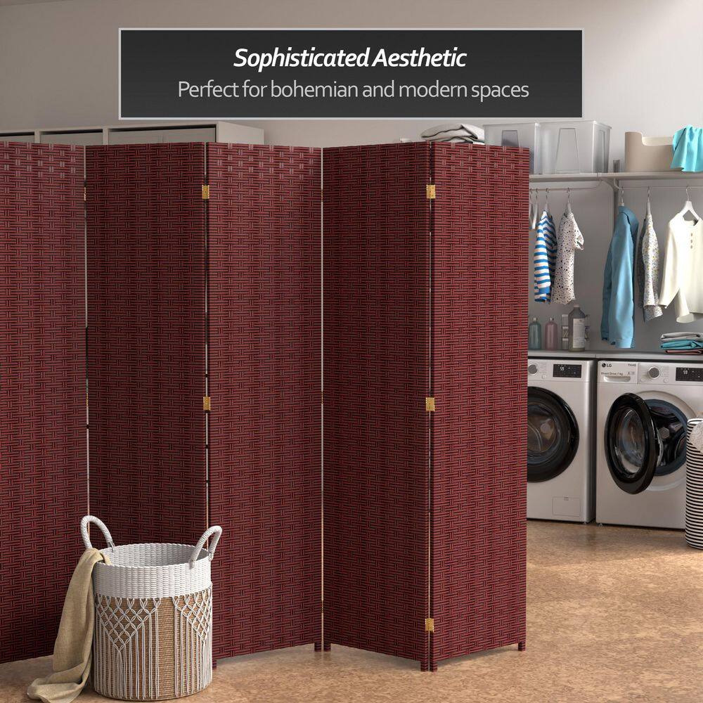 Red and Black Woven Fiber 5-Panel Folding Room Divider