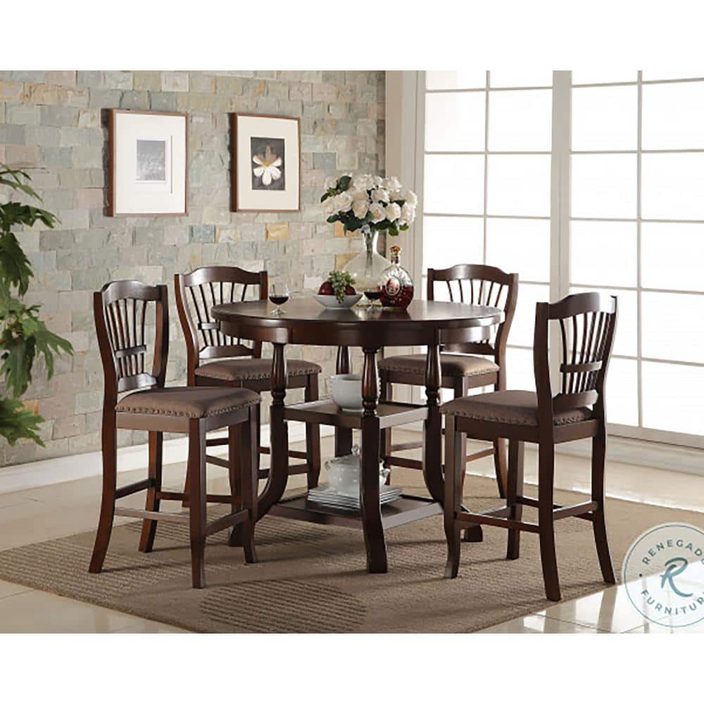Espresso Solid Wood Round Counter Height Dining Table with Shelves