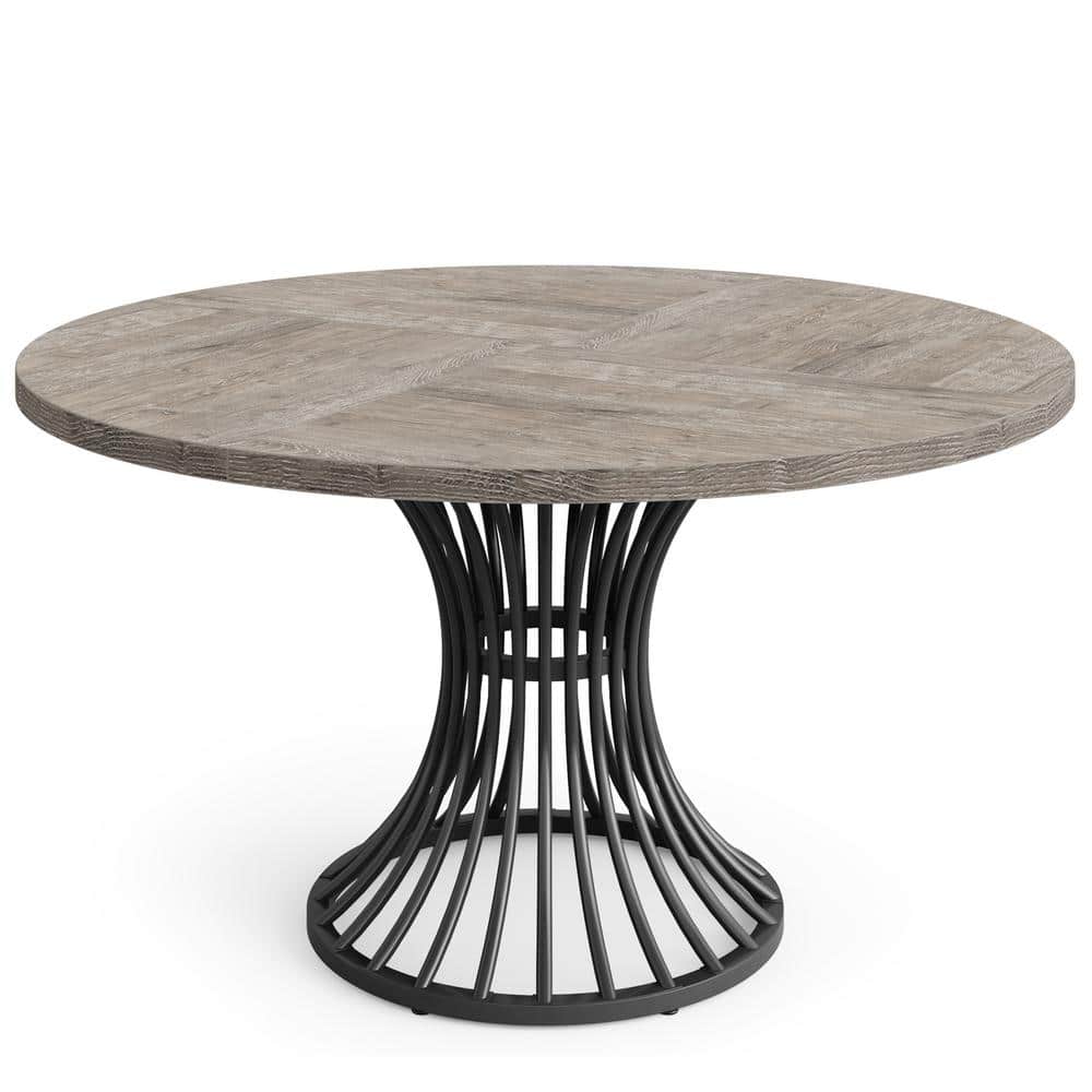 Gray 47-Inch Round Farmhouse Dining Table with Metal Base