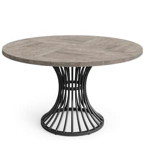 Halseey Industrial Gray Wood 47 in. Pedestal Round Dining Table Seats 6 with Black Metal Base