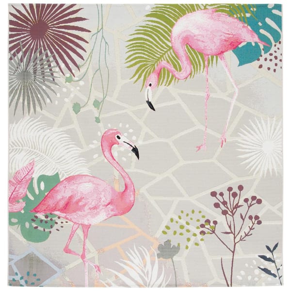 Barbados Gray/Pink 8 ft. x 8 ft. Square Novelty Animal Print Indoor/Outdoor Area Rug