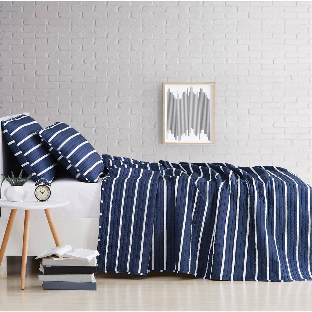Navy and White Striped Microfiber Full Quilt Set