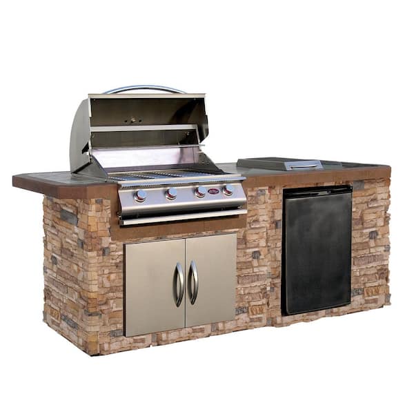 Cal Flame 4-Burner, 7 ft. Stone Veneer with Tile Top Propane Gas Grill Island in Stainless Steel