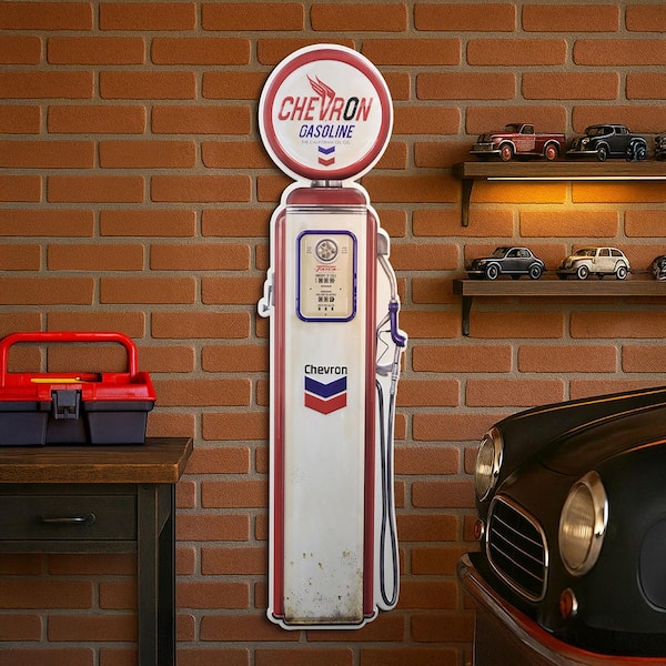 American Art Decor Chevron Oil Vintage Gas Pump Metal Sign-Retro Garage Wall Art, Classic Car Collectors Decor, 41 in. H x 10.5 in. L