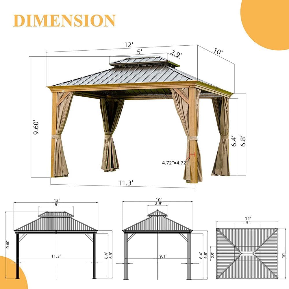 10x12 Brown Aluminum Hardtop Gazebo with Curtains and Netting