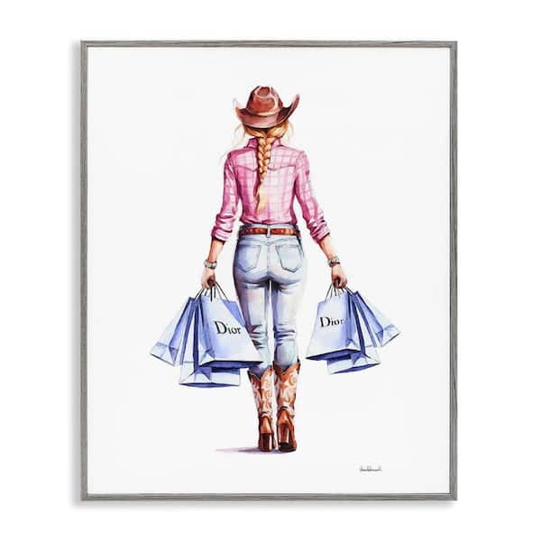Stupell Industries Glam Cowgirl Pink Plaid by Amanda Greenwood Gray Framed People Giclee Art Print 30 in. x 24 in.